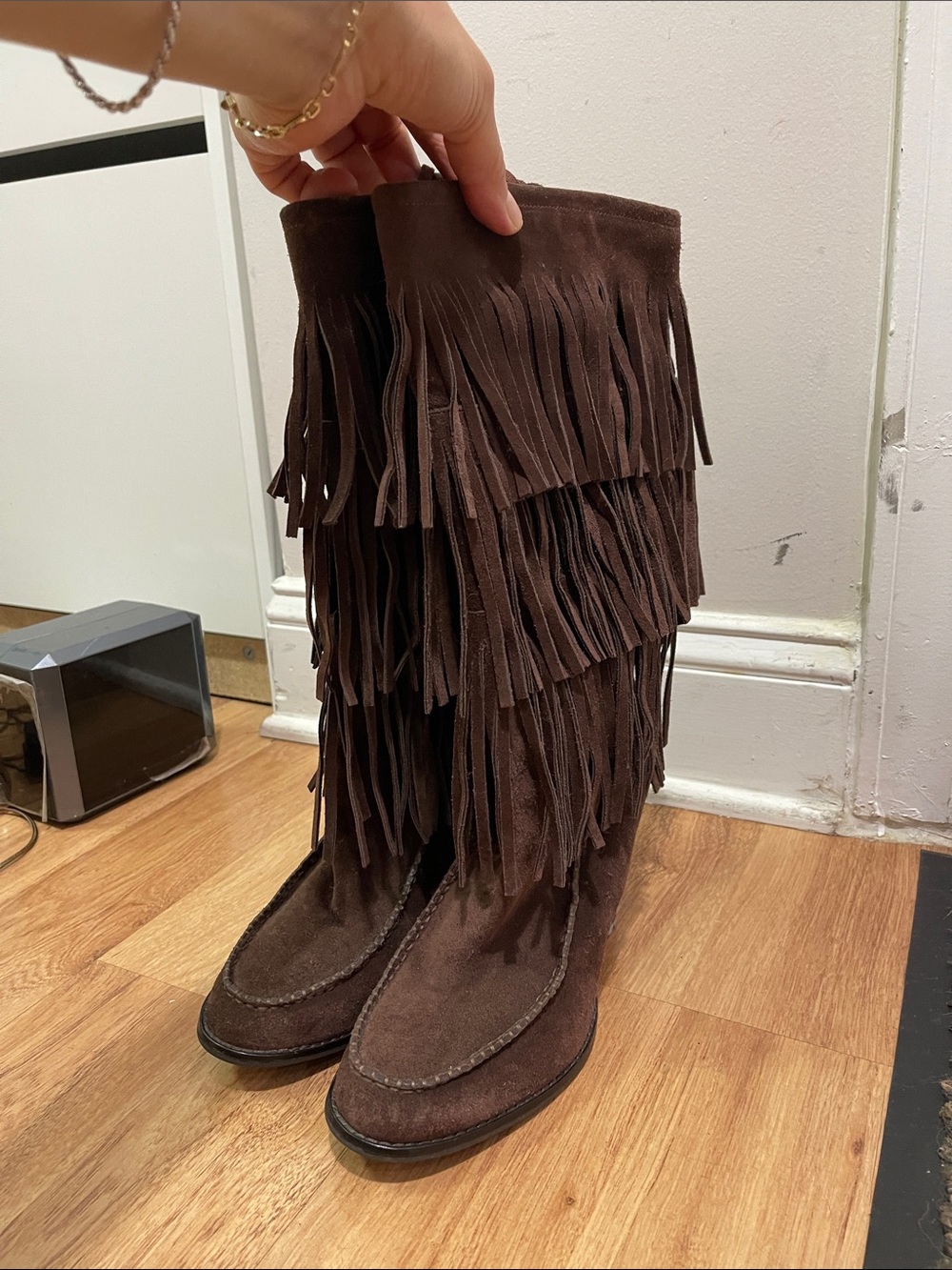 Ralph Lauren Brown Suede Fringe Knee-High Heeled Boots